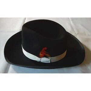 HXC Men's Black‎ Fedora Hat, White Ribbon Band, Red Feather Accent - 100% Wool M